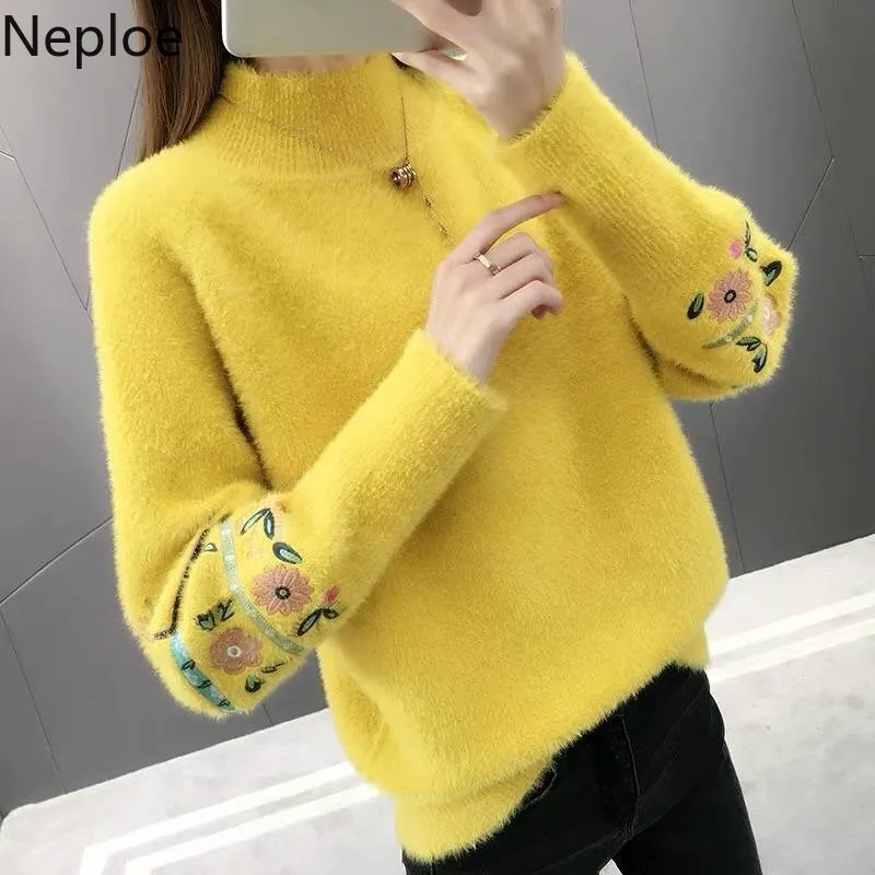 Neploe Korean Autumn Winter Loose Wild Knitted Sweaters Turtleneck Solid Flower Pullover Preppy Style Elegant Sweater 45515 | Женская