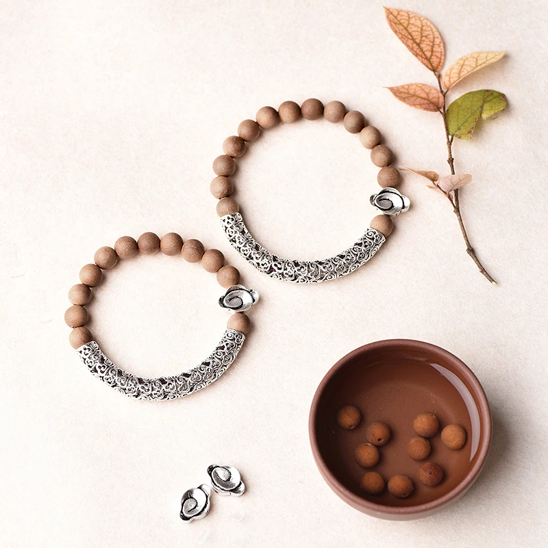 

high quality India style Vintage boho natural sandalwood original 925 silver couple Bracelet handmade string lovers best gift