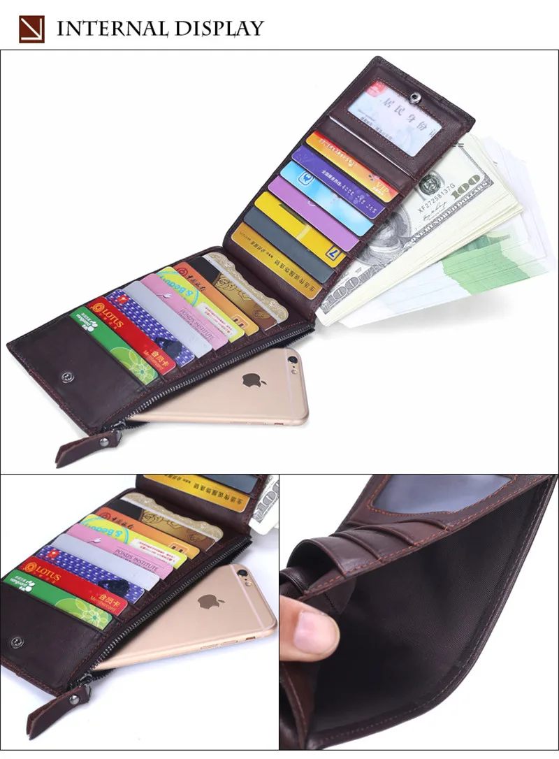 Quality Cowhide Men Clutch Wallets Genuine Leather Long Purses Business Large Capacity Wallet Zipper Pocket For Male