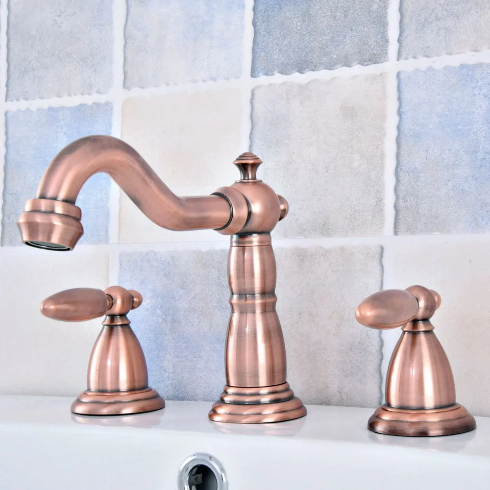 

Antique Red Copper Brass Deck Mounted Dual Levers Widespread Bathroom 3 Holes Basin Sink Faucet Mixer Taps msf534