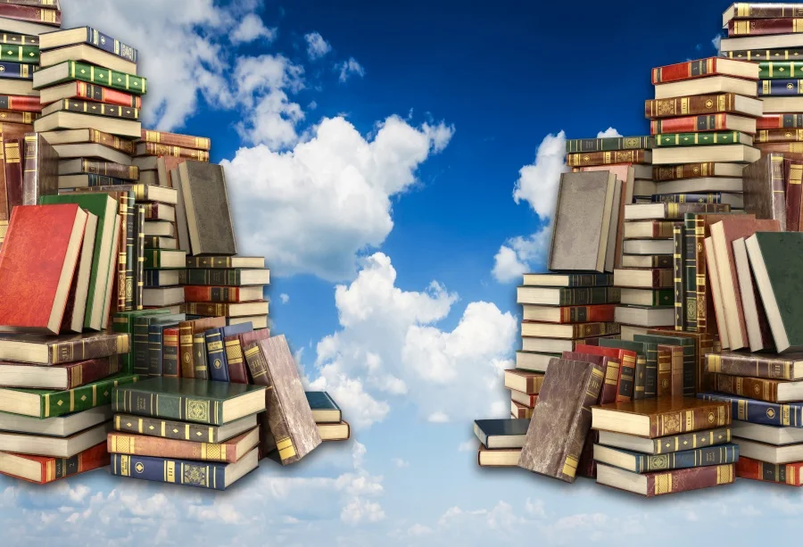Laeacco учебная книга навалом обратно в школу Выпускной ребенок портрет небо облако Фото фоны фотографии фоны фотостудия