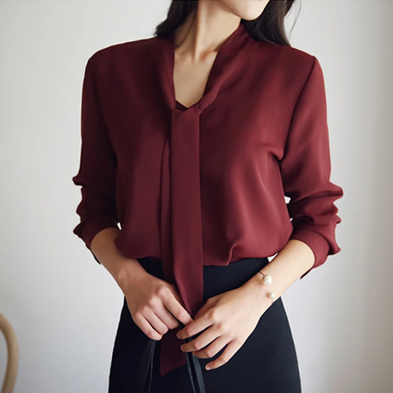 Весенняя женская одежда с рукавами длинными 2017 новая блузка галстуком бабочкой