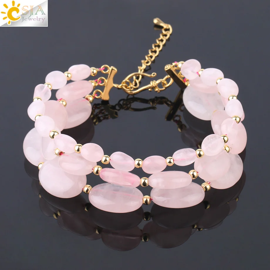 Rose Quartz CSJA дизайн многослойный браслет из натурального камня в форме яйца овальный плоский зеленый авантюрин розовый кварц браслеты для йоги для женщин F743 - Окраска металла: Rose Quartz
