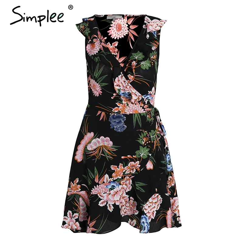 Simplee рюшами v шеи принтом летнее платье Для женщин без рукавов boho wrap повседневные