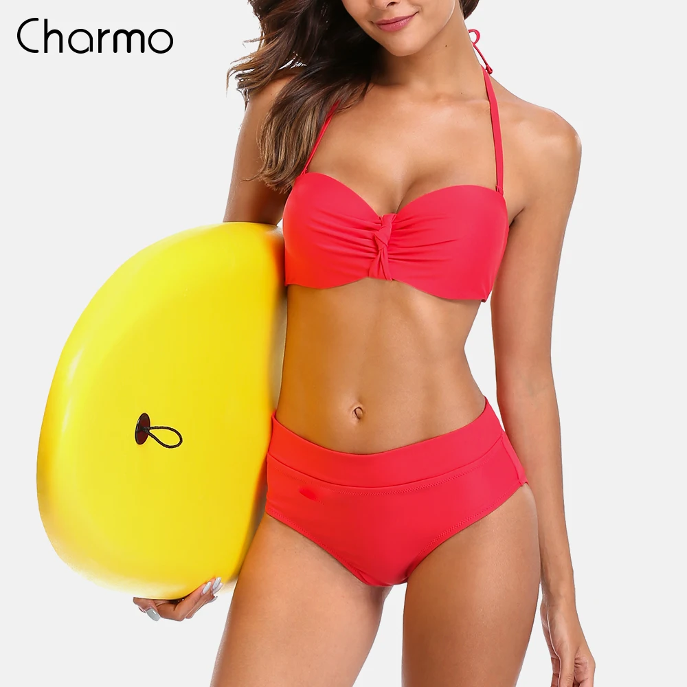 

Charmo Women Bikini Set Low Waist Swimsuit swimwear back Bandage Bikini Sexy Push Up Vintage Bathing Suit bow-knot Beachwear