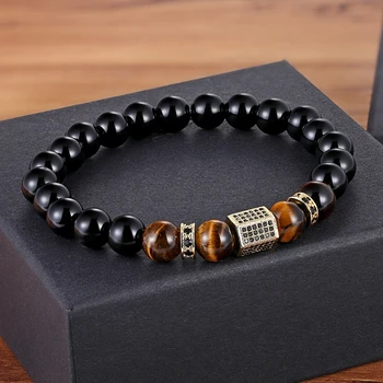 Matte Onyx Stone&Tiger Eye Combination Stitching with Cubic Zircon 1