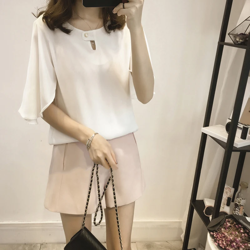 Женские шифоновые топы короткий рукав клеш футболка блузка летняя Однотонная