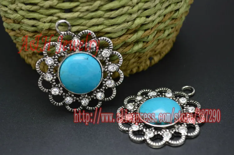 

Natural Blue Howlite Inlay Alloy Flower Pendant CZ Beads Paved DIY Jewelry Making Materials 5pc/lot