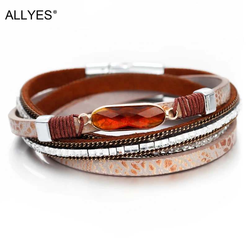 ALLYES кожаные браслеты для женщин модные стеклянные очаровательные женские многослойные, в стиле бохо широкий браслет обруча женские ювелирные изделия