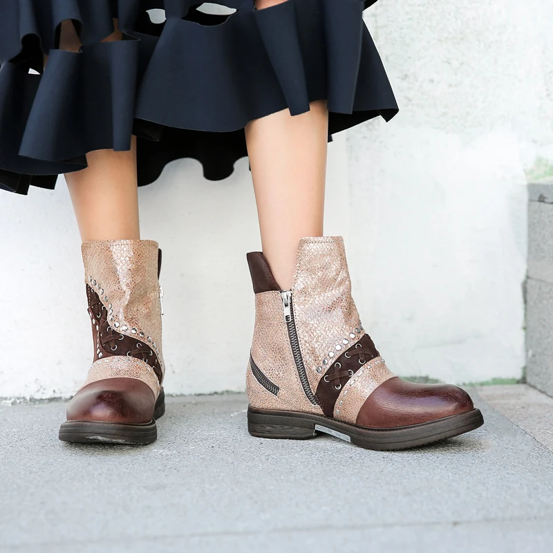 

Mabaiwan 2019 Casual Women Winter Autumn Flats Ankle Boots Genuine Leather Rivets Shoes Woman Zipper Riding Cowboy Short Boots