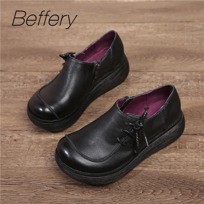 Beffery 2018 Spring Summer style Genuine Leather Flat Platform Shoes Women Retro Round toe Ultra-soft Thick bottom Casual | Обувь