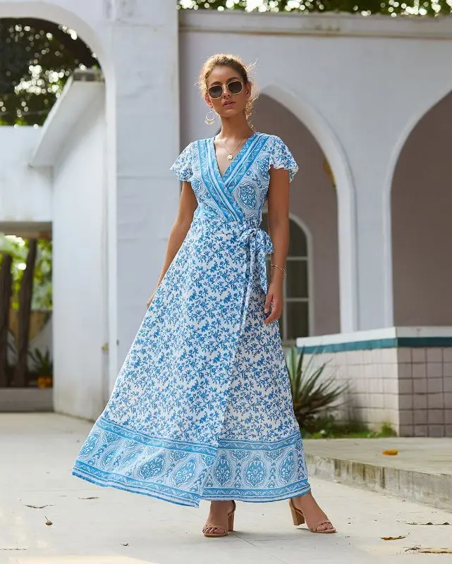 Женское платье с цветочным принтом Boho летнее пляжное треугольным вырезом и