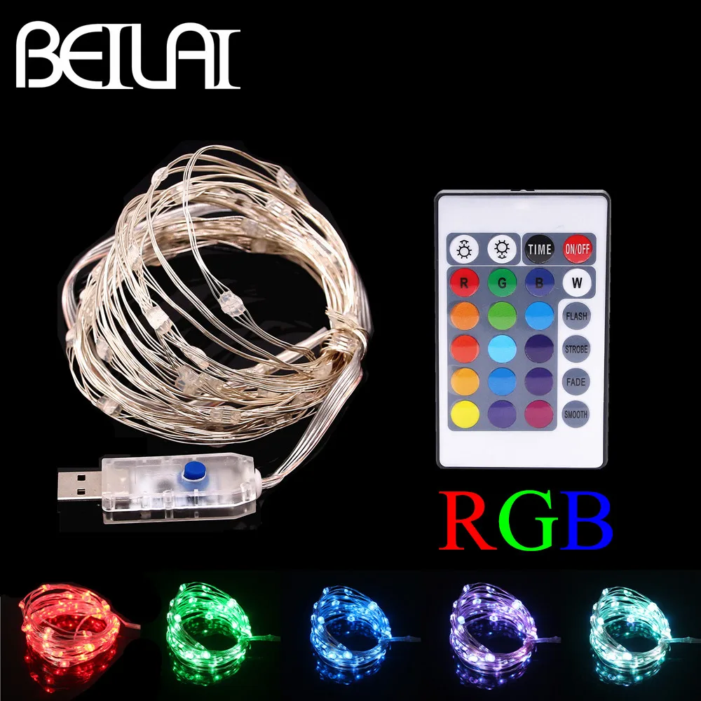 5 В USB Сказочный светильник RGB светодиодный гирлянда 5 м 50 светодиодный Рождественский гирлянда открытый светодиодный светильник s украшение вечерние свадебные праздники+ 24Key пульт дистанционного управления