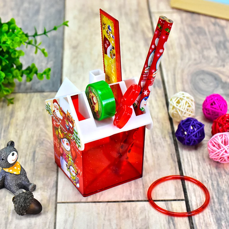 Coloffice Christmas stationery set Small house pen holder pencils sharpener safe scissors sets Christmas party gift for children