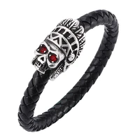 men trendy bracelet braided rope bracelet skull with zircon stainless steel magnetic clasp punk wristband male jewelry sp0073