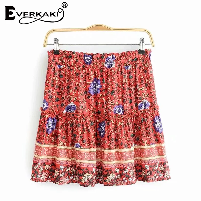 Everkaki Boho мини юбка с цветочным принтом для женщин цыганские оборки короткая