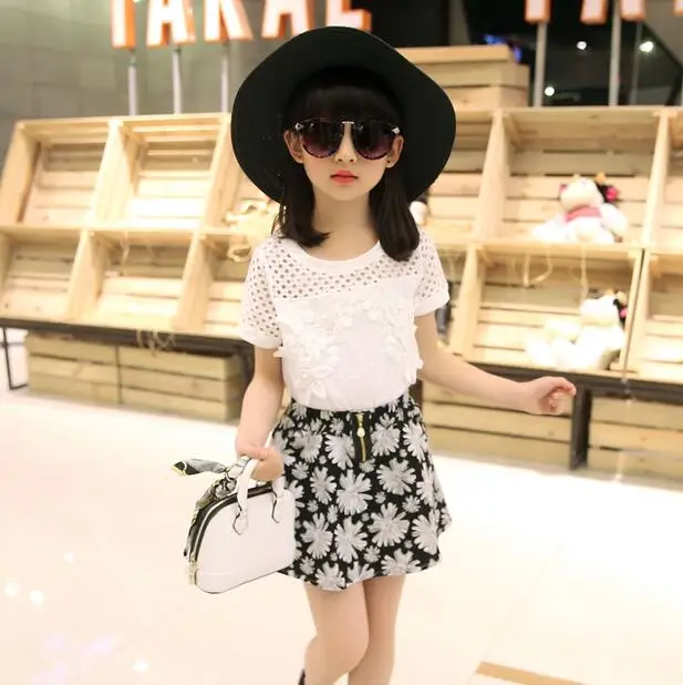 Платье летнее короткое для девочек с круглым вырезом и цветочным принтом|kids girl