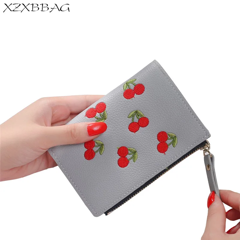 

XZXBBAG PU Leather Women Short Wallet Cute Cherries Embroidery Coin Purse Card Holders Female Zipper Hasp Small Wallet Money Bag