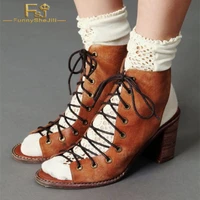 women shoes ladies pumps 2021 spring autumn brown vintage chunky heels peep toe lace up plus size shoes11 12 13