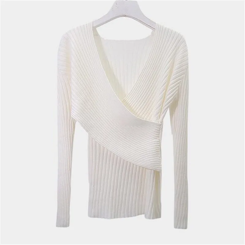 Korobov Solid Criss-Cross Women Tops Sweaters Long Sleeve V-neck Sueter Mujer Pullovers Autumn Winter Thick Warm Knitwear 51205 | Женская