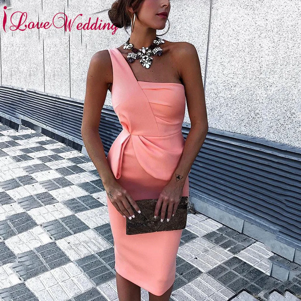 

Sexy One Shoulder Cocktail Dresses Straight Short Dress custom made Knee Length Homecoming Party Dresses
