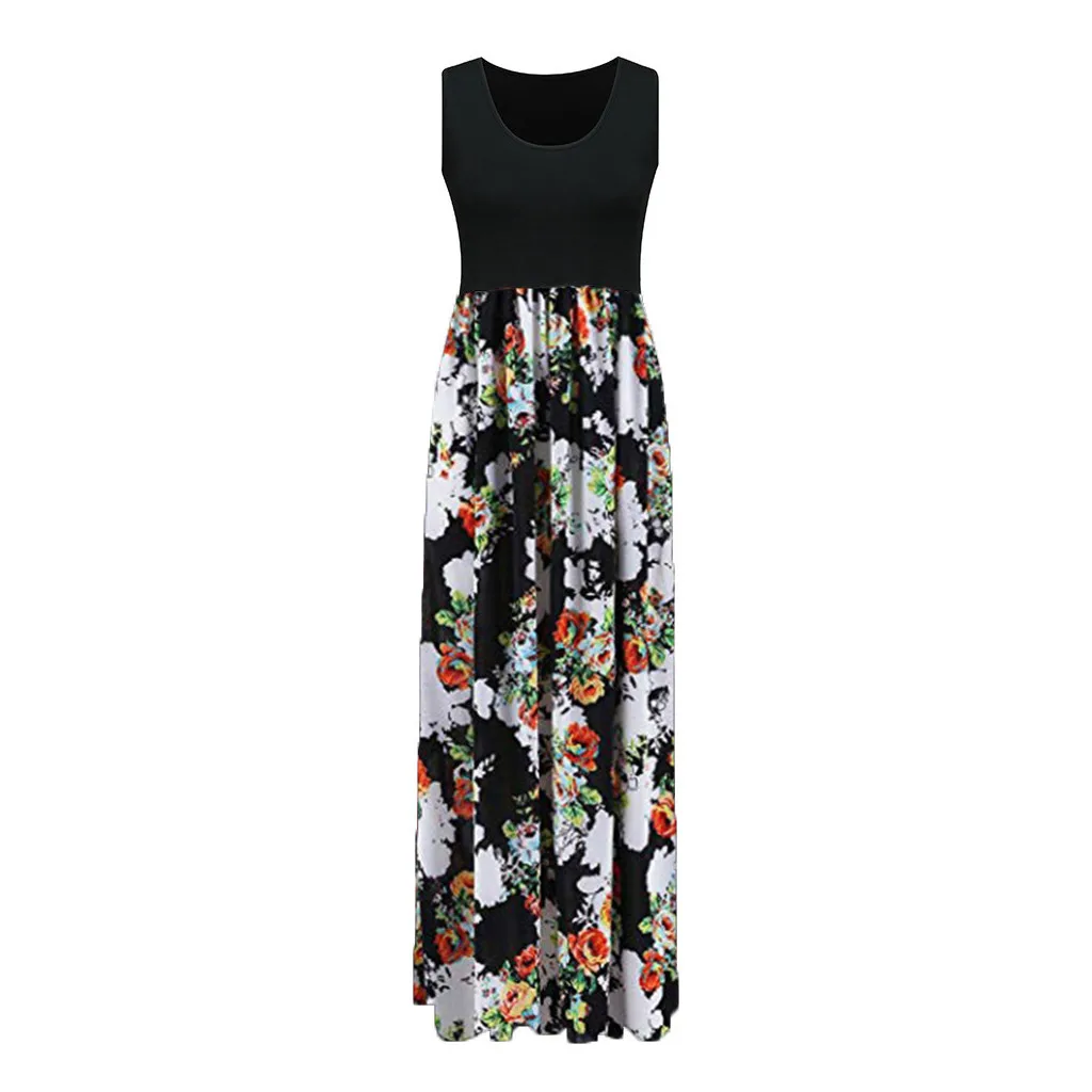 Women's Fashion Casual Sleeveless O-neck Print Maxi Tank Long Dress Summer Women Bohemian Floor-Length Slim G0417#20 | Женская
