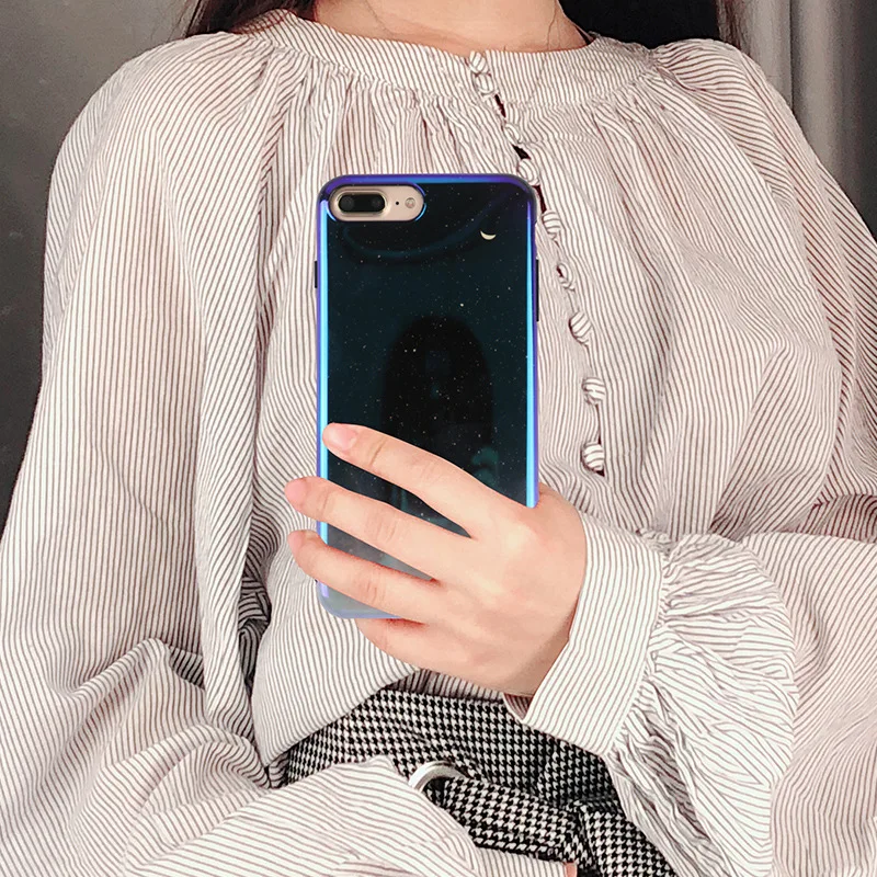 Айфон 8 Плюс Голубой Градиент Звёздное Небо Маленькая Луна Чехол для Мобильного Телефона Apple XS Max/7 Космическое Зеркало Личность Женская.
