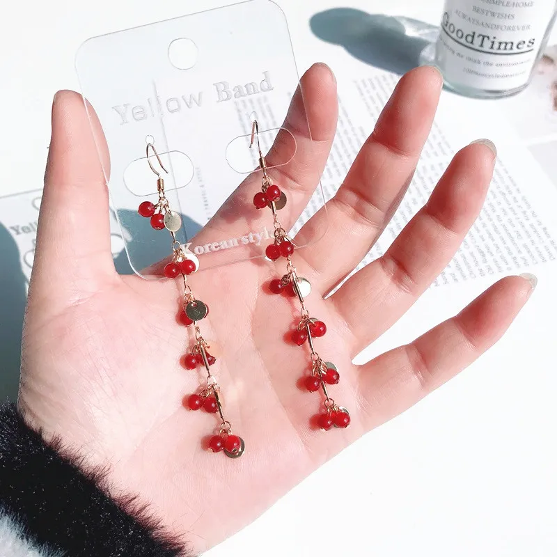 Simple Sweet Geometric Red Tassel Bead Women Dangle Earrings Small Grape Bunch Long Drop Fashion Jewelry | Украшения и аксессуары