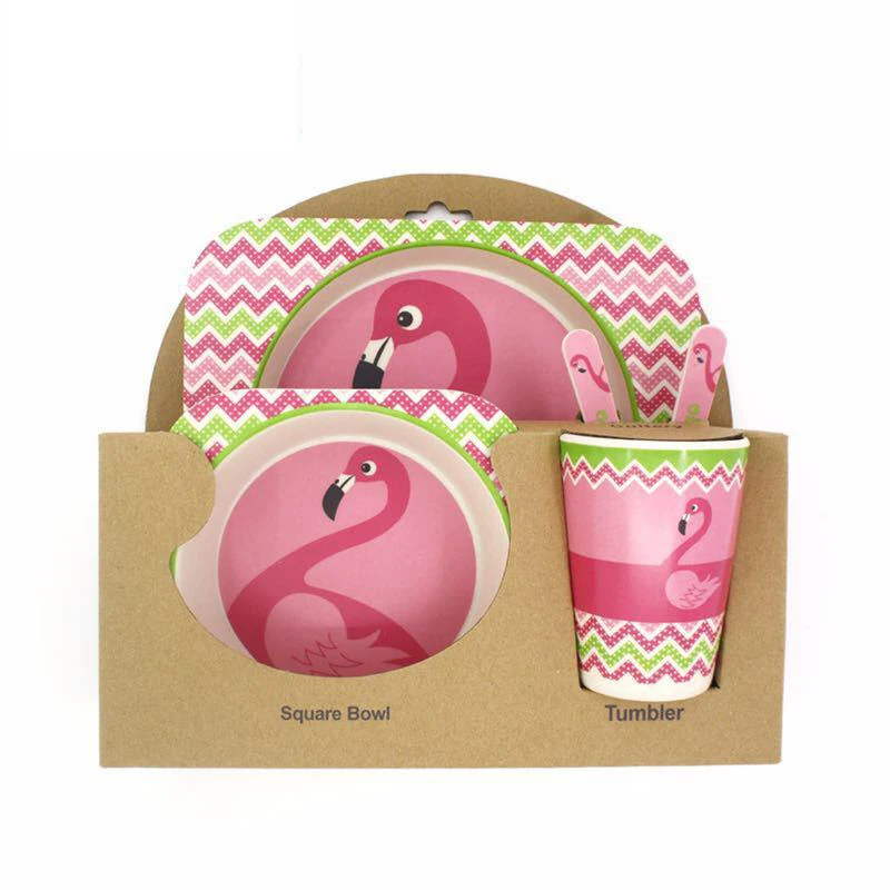 Flamingo 5 шт./компл. мультфильм животных бамбуковое волокно детская посуда детские столовые приборы набор разделенная тарелка чаша вилка ложка посуда набор - Цвет: Flamingo