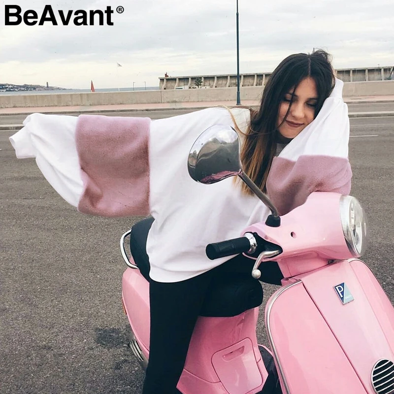 BeAvant лоскутное oversize Белый Толстовка Женщины Джемпер Повседневное пуловер с