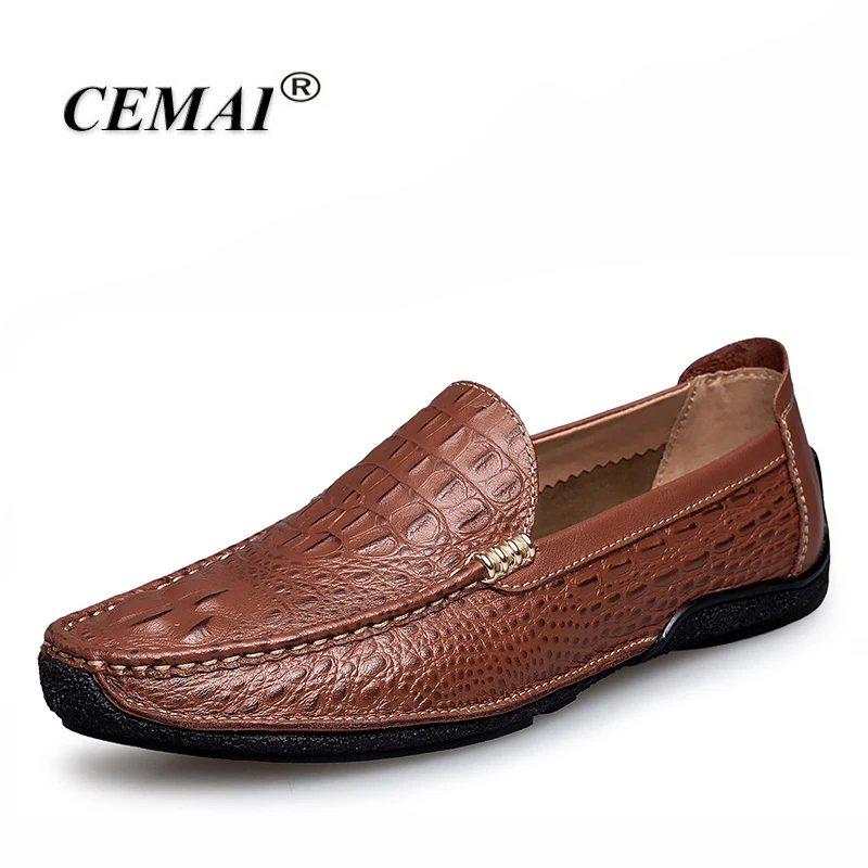 CEMAI Genuine leather men casual shoes Crocodile pattern flat Slip-on soft breathable loafers | Обувь