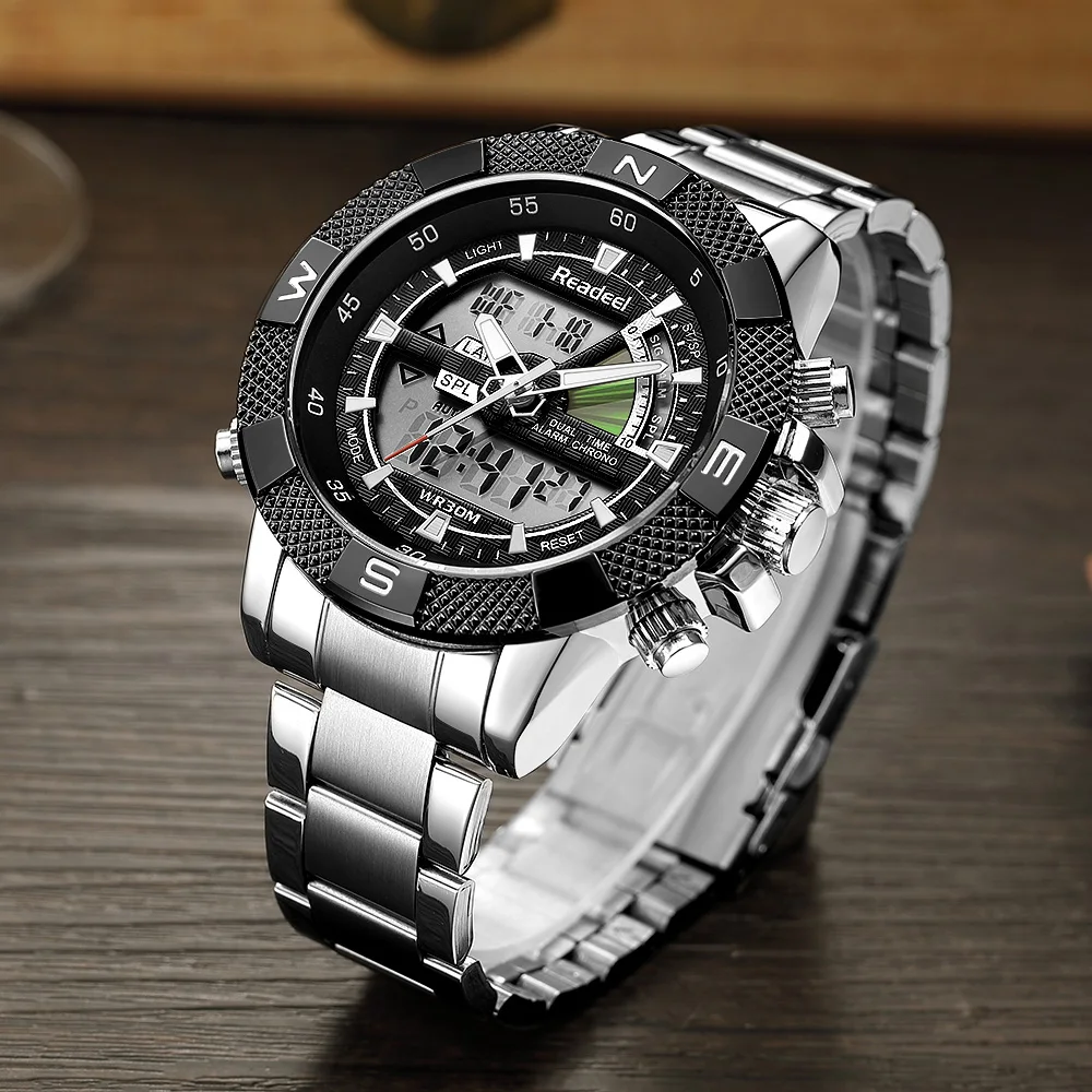 2018 Fashion Luxury Brand Watches Men Digital LED Dual Display Silver Black Stainless Steel Quartz Watch Relogio Masculino | Наручные