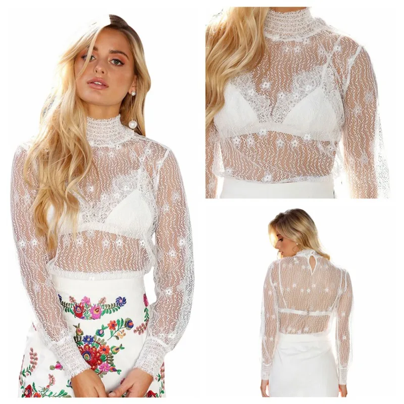 

Women Transparent White Blouse Sexy Lace Blouse Turtleneck Shirt Mesh Summer Tops Long Sleeve Blouse Femme