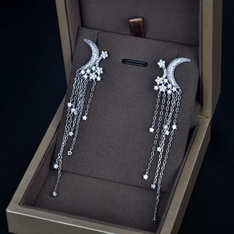 Be 8 New Style Crystal Fashion Cubic Zirconia Moon Shaped Tassel Earrings for For Women Ladies Jewelry E525 | Украшения и