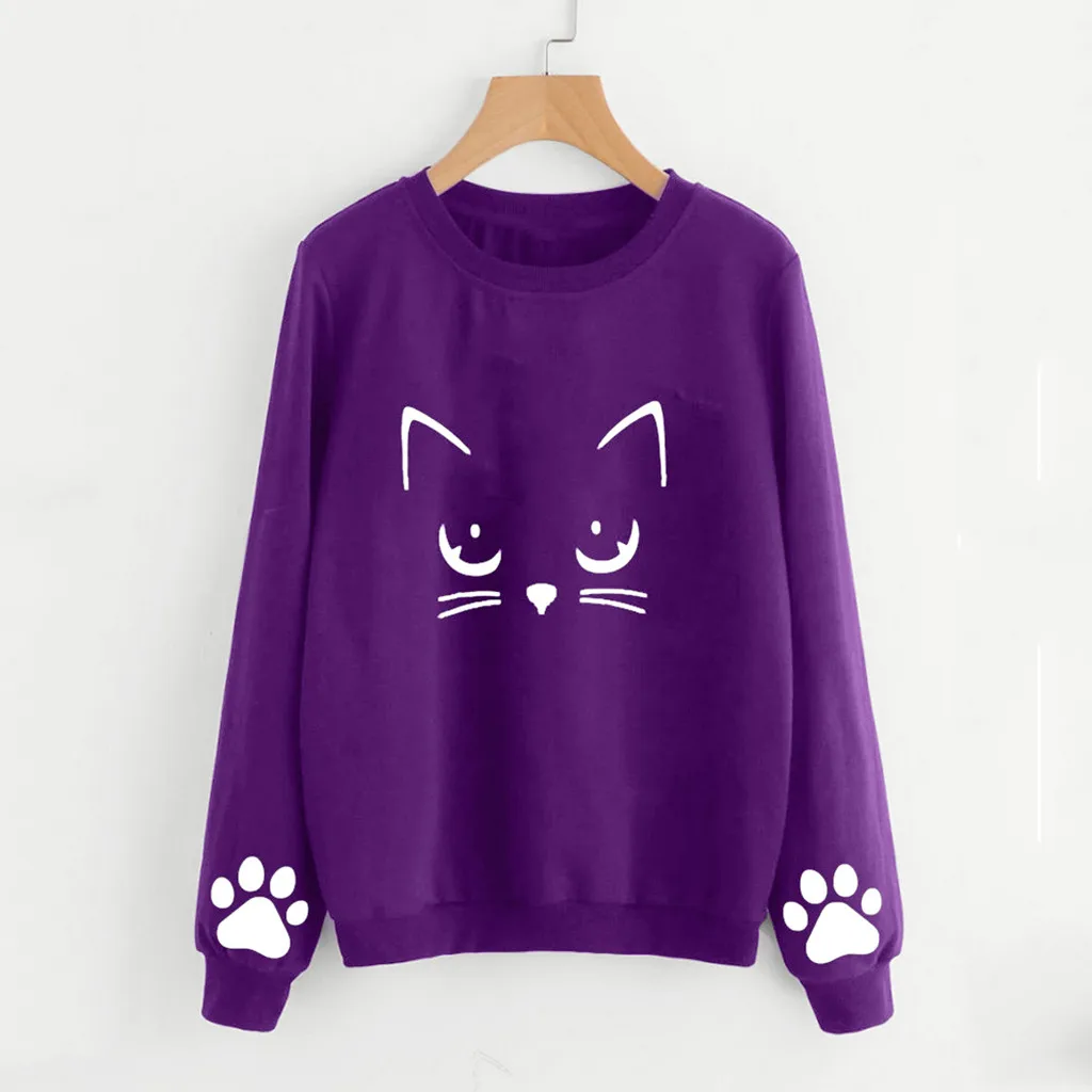 Purple Autumn Winter Women Hoodies Cat Print O Neck Ladies Sweatshirt Casual Long Sleeve Regular Blouse Tops Loose Pullover - Цвет: Purple