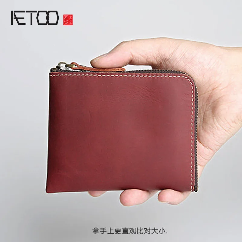 Мужской короткий кошелек AETOO кожаный ручной работы в стиле ретро на молнии из