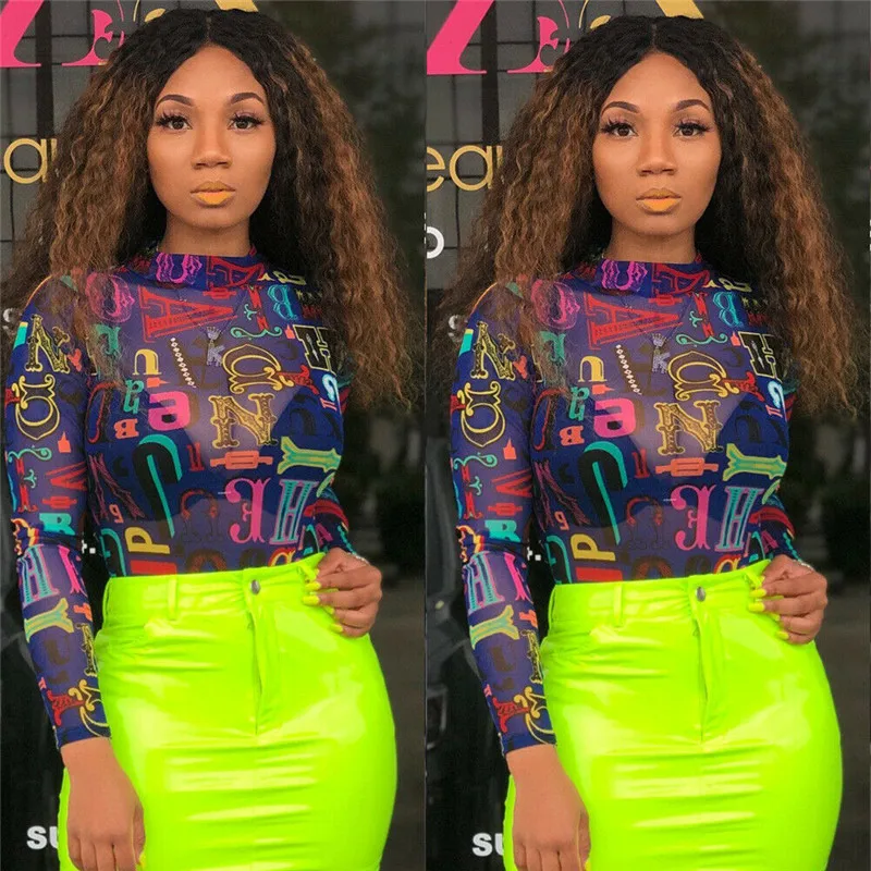 

Sexy Women Long Sleeve Jumpsuits Fashion Transparent Print Bodysuit Stretch Leotard Body Suits