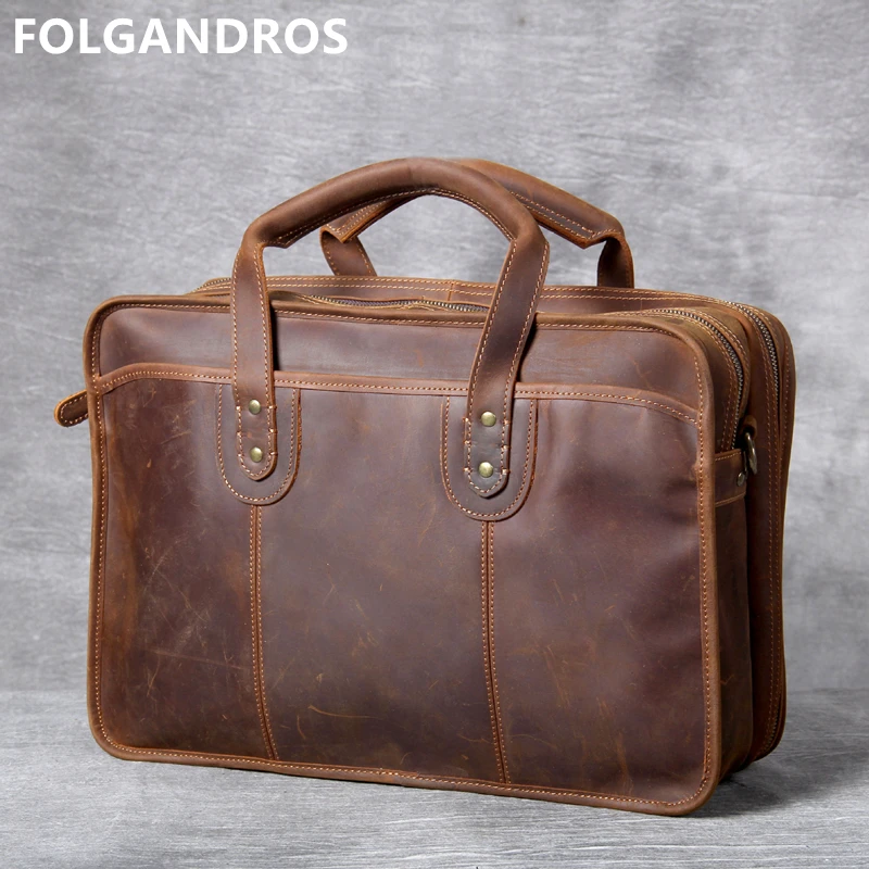 Brand Men's Genuine Leather Laptop Briefcases Large Capacity Handmade Vintage Soft Cowhide Business Documents Male Shoulder Bag|Мужские