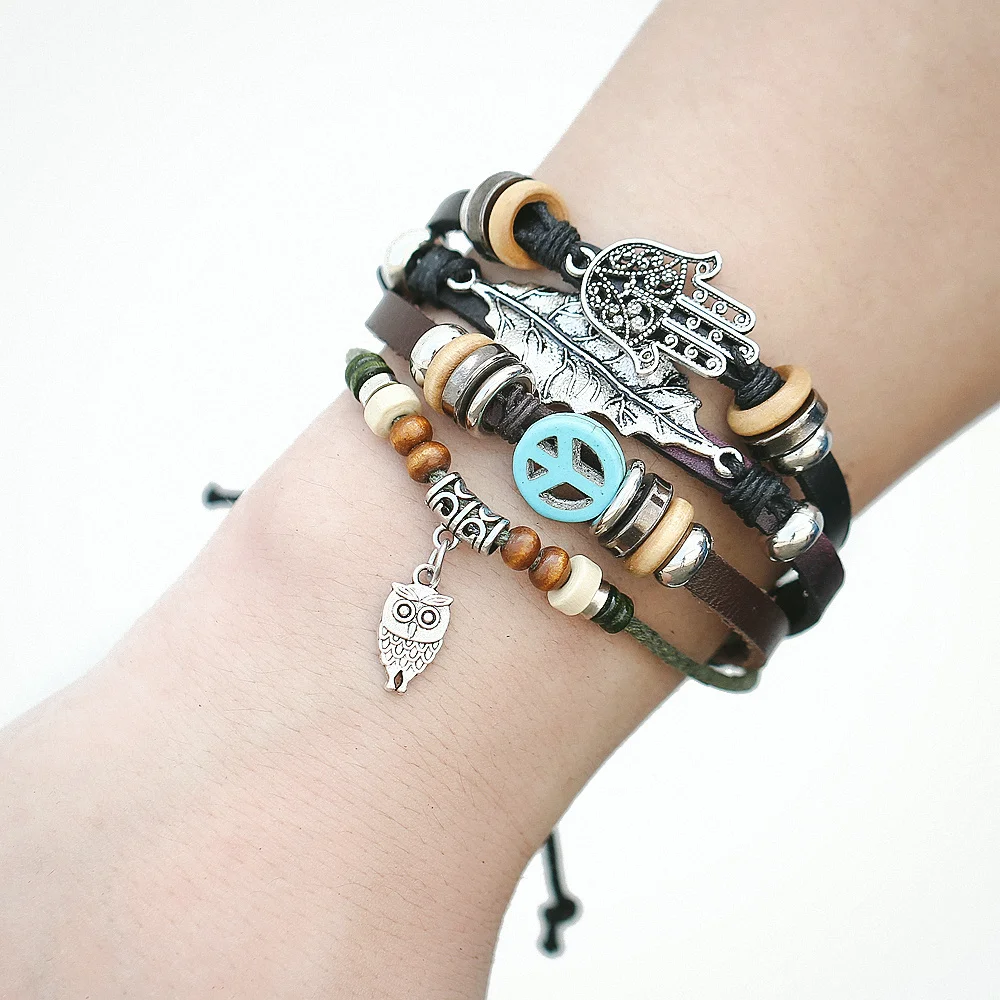 Мужской Многослойный кожаный браслет IF ME винтажный с подвесками в виде листьев