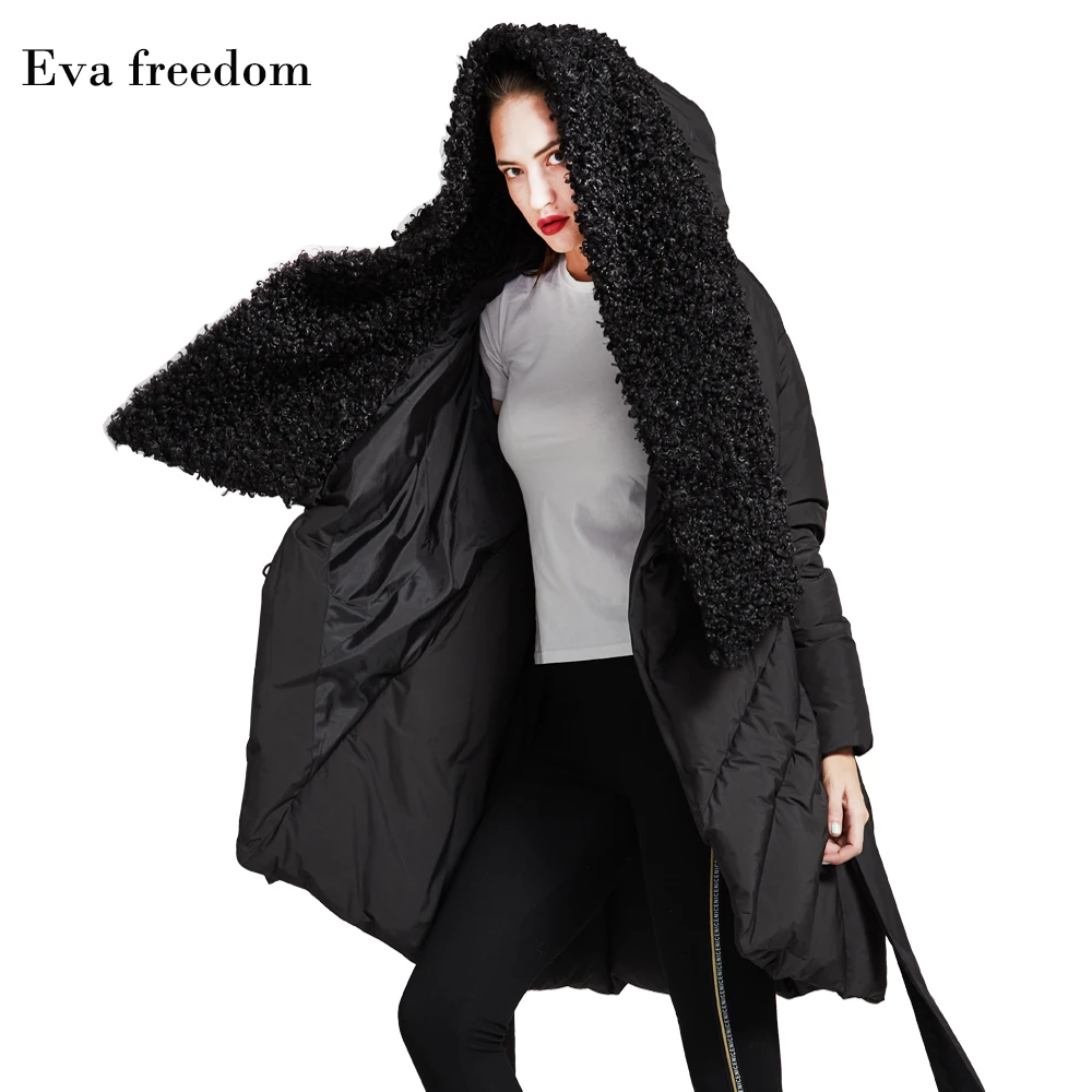 Бренд Eva freedom, новинка, женская мода, высокое качество, на заказ, имитация шерсти, с капюшоном, чистый цвет, пояс, зимний пуховик для женщин