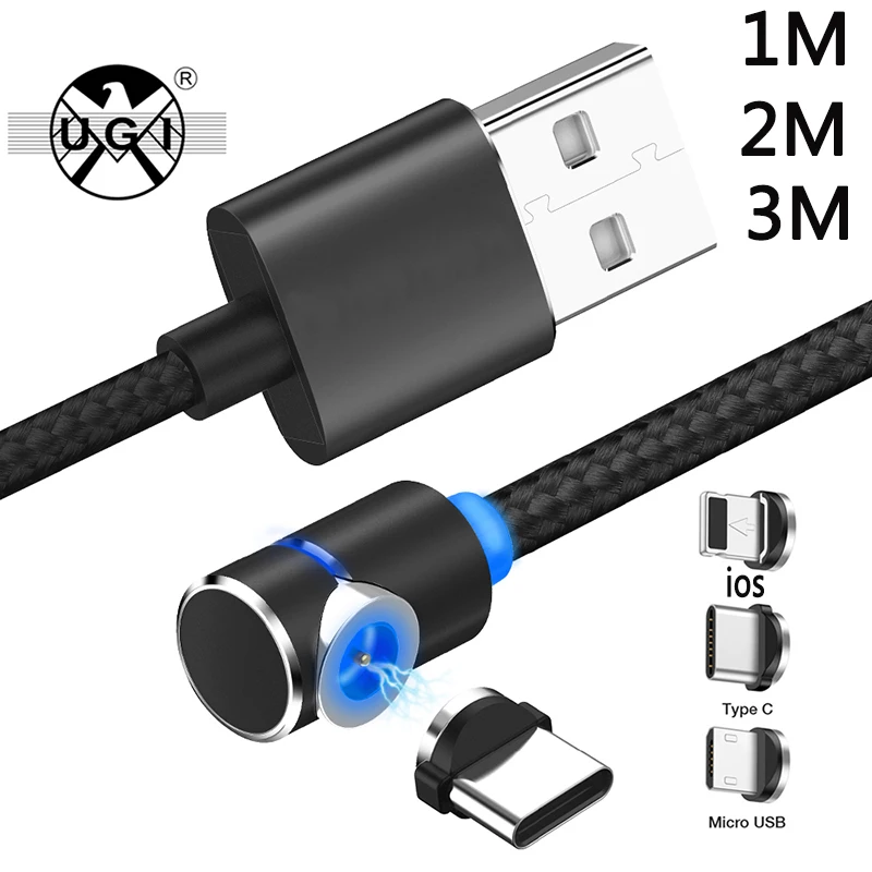 UGI 1 м 2 3 90 градусов L Тип Магнитный кабель usb C/Micro USB/IOS нейлоновая оплетка