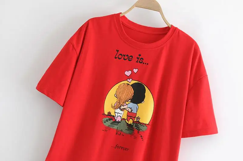 Летний красный Круглый воротник письмо свободные love женские футболки пара с рисунками героев мультфильма рубашка свободные дикий красный Для женщин Топ