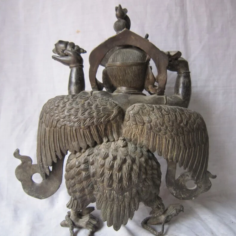 

Collectible bronze S2152 14" Tibet Tibetan Purple Bronze Redpoll Winged Garuda Bird Eagle Buddha Statue