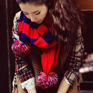 Autumn and winter scarf women's stripe hair balls yarn long design |