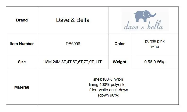 DB6098 dave bella/Зимний пуховик для маленьких девочек детское пальто с подкладкой из 90% белого утиного пуха детская верхняя одежда с капюшоном