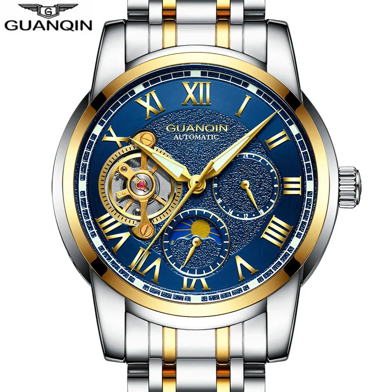 Мужские автоматические часы GUANQIN роскошные механические с каркасом Tourbillon черные