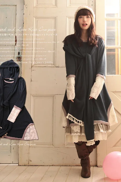 Японская толстовка с шарфом из двух частей кружевное льняное хлопковое вязаное