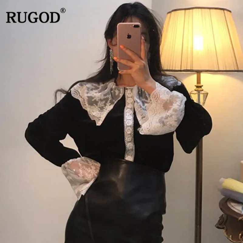 Женская винтажная блузка RUGOD черная однотонная в стиле пэчворк с длинными