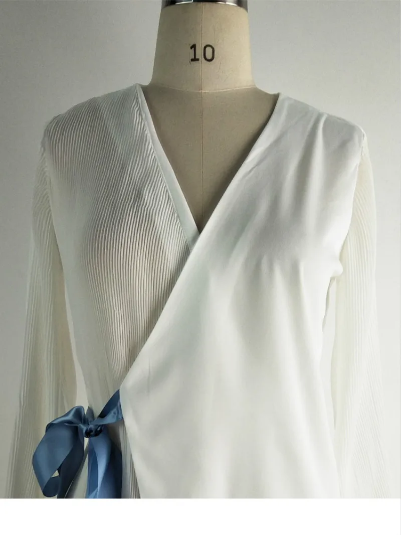 White Irregular Women Blouse Fashion Patchwork V Neck Harajuku Blusas Bow Belted Elegant Office Lady Long Sleeve Cardigan Tops |