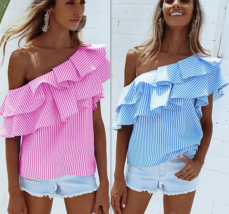 2017 Ruffles Off Shoulder Women Blouse Shirts Blue Pink Striped Irregular Sexy Tops Clothing Ladies Casual Summer Blusas 17201 |